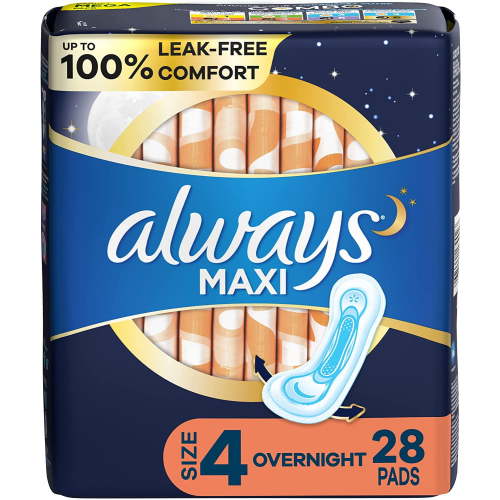 Always Maxi Feminine Pads for Women, Size 4 Overnight Absorbency, Without Wings, Unscented, 28 Count