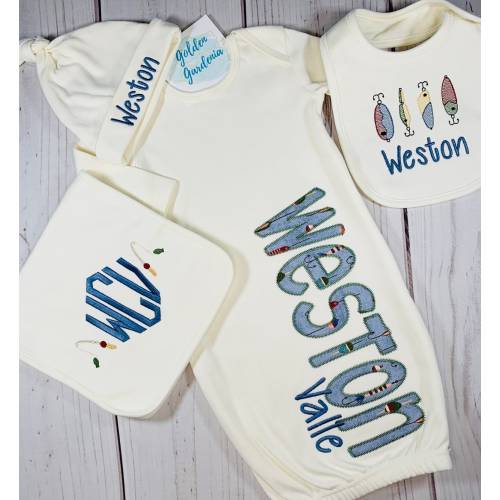 Personalized baby boy gown and hat | Embroidered baby gown | Baby boy coming home outfit | Baby boy name gown | Baby Hat | Baby boy fishing