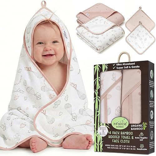Organic Hooded Baby Towels with Washcloths – 2 Hooded Towel (28x28 inches) & 2 Washcloth (10x10 inches) – Ultra Soft, Absorbent & Cozy Cotton Bath Towels for Newborns and Infants