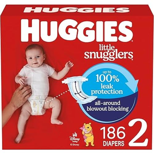 Huggies Pañales tamaño 2, pañales Little Snugglers para bebé, talla 2 (12-18 libras), 186 unidades (3 paquetes de 62), el embalaje puede variar