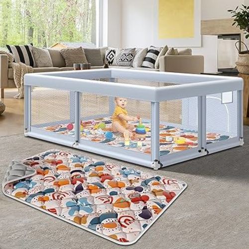 65" ×50" Large Baby Playpen with Mat, Baby Playard for Babies and Toddlers, Play Pens for Indoor & Outdoor, Sturdy Safety Play Yard with Soft Breathable Mesh, Anti-Fall, Grey