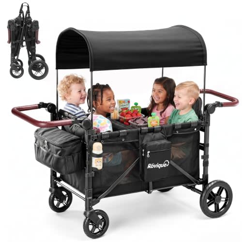 Rovique 4 Seater Wagon Stroller,Wagon Stroller for 4 Kids,Foldable (Black) | Removable Seats,All-Terrain Rubber Wheels,Removable Canopy,Snack Tray,Parent Cup Holder,5 Point Harness,Large Storage Bag