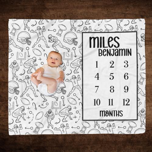FOOTBALL MILESTONE BLANKET, Baby Boy Football Blanket, Baby Month Growth Blanket, Personalized Baby Football Gift, Baby Month Milestone