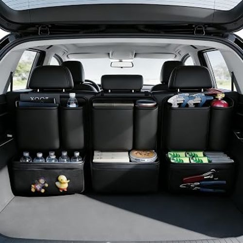3 Pack Car Rear Seat Organizer, Open-Top Leather Backseat Storage Box with Cup Holder & Umbrella Strap, Hanging Trunk Organizer for SUVs, Trucks, Vans, Snacks, Drinks, Purses, Black