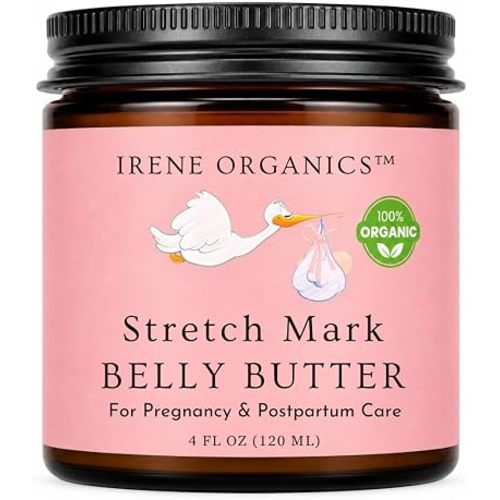 Organic Belly Butter for Pregnancy Stretch Mark Prevention and Treatment by Irene Organics - Award Winning Anti Stretch Mark Tummy Balm For Pregnancy and Postpartum 4oz - Hydrating Bump Cream