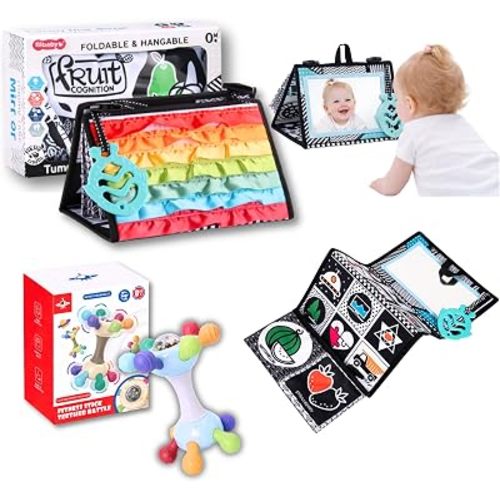 Black and White Book, Baby Teething Newborn Toy Set - High Contrast Baby Toys, Food-Grade Baby Teething Toy with Rattle, Newborn Sensory Toy, Montessori Toys for 0-12 Months, Infant Tummy Time Gift (Blue)