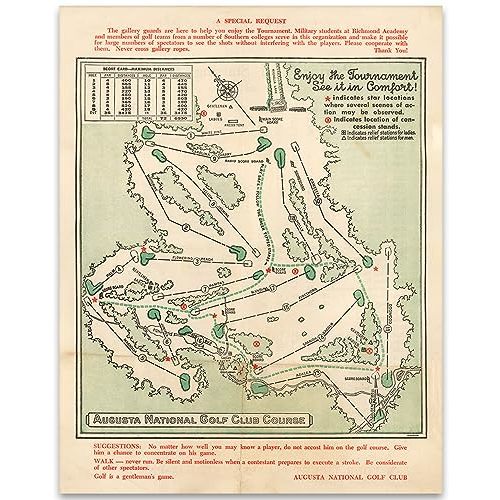 Vintage Masters Golf Augusta National Wall Art Course Map 1954 Golf Decor - Golf Wall Art Poster Golf Pictures Wall Decor for Your Office or Home - Masters Golf Merchandise Golf Art 11x14 Print