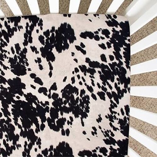 Black Cow Print Baby Fitted Crib Sheet Western Cowboy Boho Cowhide Highland Soft Farmhouse Gender Neutral Animal Print