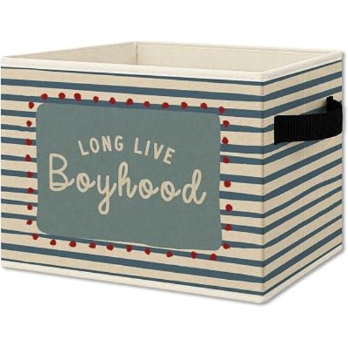 Boy Nursery Cube Storage Bins with Handles, Long Live Boyhood Blue Striped Collapsible Fabric Storage Basket Boxes Toys Books Clothes Organizer for Kids Boys Room Bedroom Playroom Bathroom