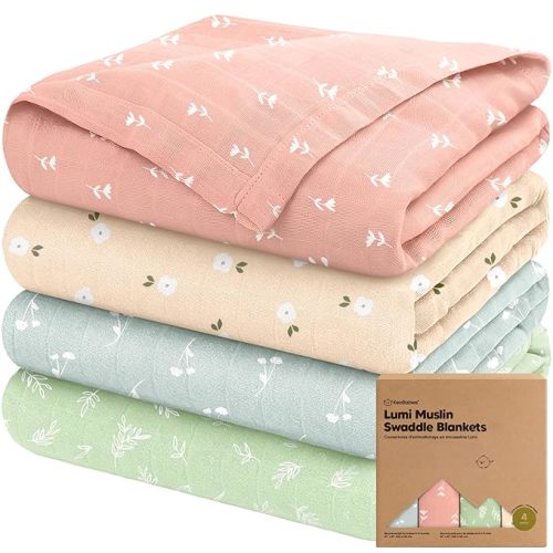 4-Pack Muslin Swaddle Blankets for Boys, Girls - Organic Baby Swaddles for Newborns, Soft & Breathable Receiving Baby Blankets for Girl, Boy, Neutral, Newborn Essentials Gift (Bloom)