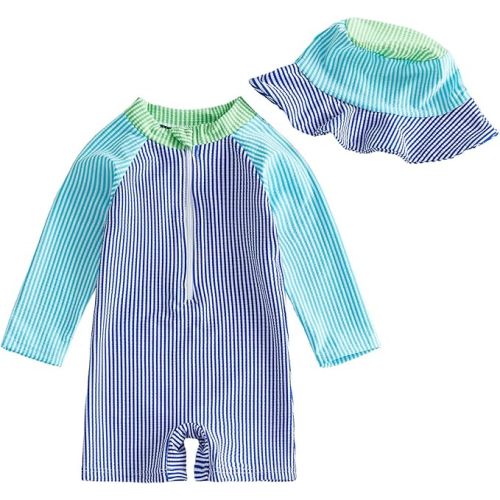 Toddler Baby Boys Seersucker Long Sleeve One Piece Rash Guard Swimsuit Zipper Bathing Suit Swimwear with Hat