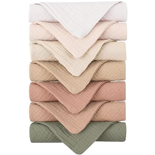 Konssy Baby Muslin Washcloths 7-Pack, 100% Cotton Baby Bath Washcloths, Soft & Absorbent Wash Cloths and Burp Cloths for Newborn Kids Girls & Boys, 11x11 inches
