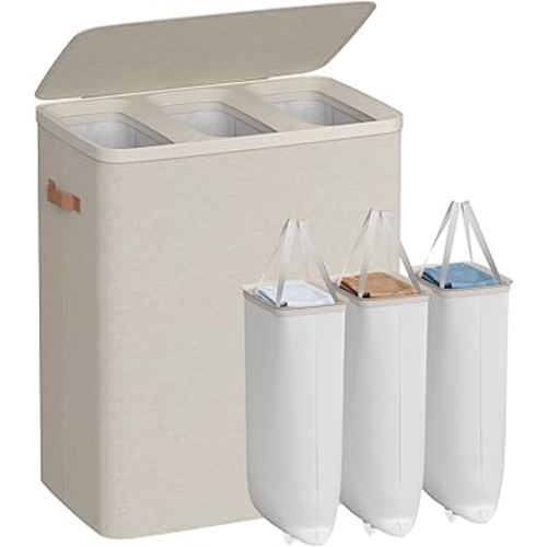 SONGMICS Laundry Basket, 50.2 Gal. Laundry Hamper, 3 Compartments, Easy Assembly, with Lid and Handles, Removable Liners, 25.2 x 15.7 x 29.5 Inches, Cappuccino Beige ULCB814LH01