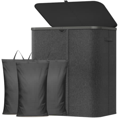 Lifewit 165L 3 Section Laundry Hamper with Lid, Laundry Basket, Dark Gray | Large Foldable Laundry Sorter with 3 Removable Bags, Tall Clothes Hamper for Bedroom and Bathroom