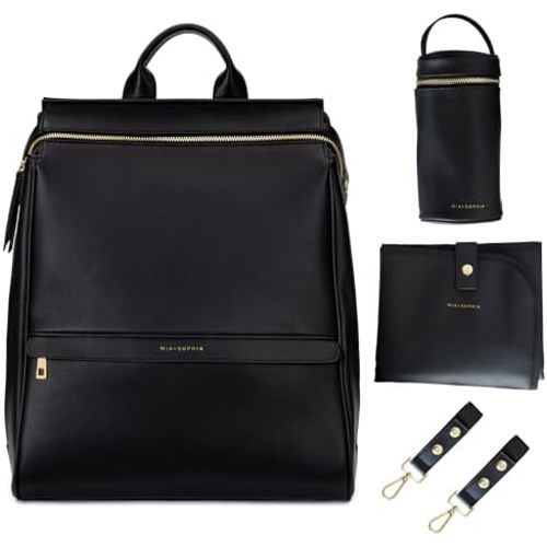 Leather Diaper Bag Backpack with USB Charging port, Changing Pad, Stroller Straps, and Bottle Holder (Black Sophia)
