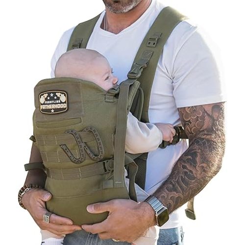 Dad Baby Carrier for Men with Adjustable Hip Snaps - Infant to Toddler Soft Carrier Holds 44 Lbs, Includes Magnetic Sunshade Protector, Newborn Bibs, 2 Carabiners, Removable Lumbar Waist Strap Green