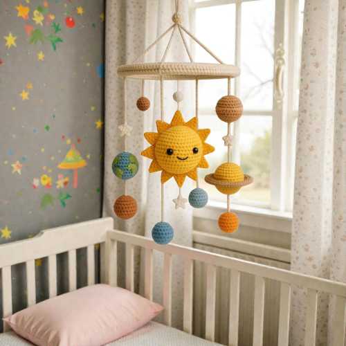 Crochet Solar System Hanging Mobile, Cute Sun and Planet Decor, Space Inspired Handmade Yarn Ornament