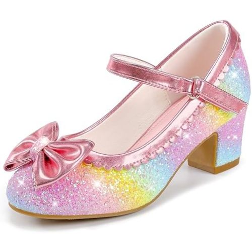LAURMOSA Princess Shoes High Heel Toddler Girls Dress Shoes Cute Bowknot Sparkle Mary Jane Flower Girls Wedding Birthday Party Prom for Little Big Kids