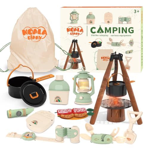 KOALA DIARY Kids Camping Toys Set - Pretend Play Camping Set with Food Toy, Spray Stove, Oil Lantern, Binoculars, Compass, Tableware, Watch & Storage Bag, Birthday for Ages 3+