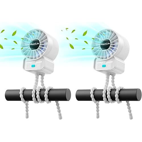 2 Pack Multifunctional Portable Stroller Fan 4 Speed 6600rpm High Speed Usb Rechargeable Personal Mini Handheld Fan Extended Tripod For Desktop Winding Kids Bed Treadmill Bike Golf Cart Outdoor Travel