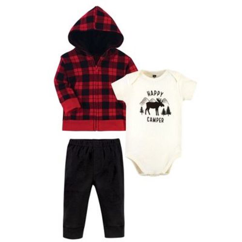 Hudson Baby Infant and Toddler Boys Cotton Hoodie, Bodysuit or Tee Top and Pant Set, Plaid Moose Baby, 9-12 Months