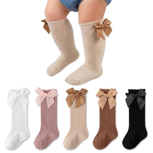Baby Girl Knee High Socks with Bows Soft Cotton Ruffle Long Stockings Smooth Sole Infant Toddler Uniform
