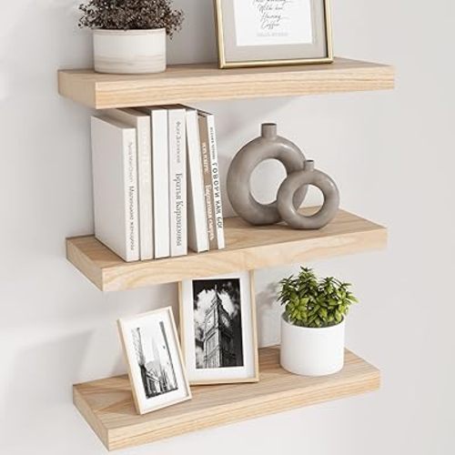 Natural Wood Floating Shelves, Wood Floating Shelves for Wall Set of 3, 17 Inch Natural Raw Wood Shelves for Living Room Bedroom Home Office - Natural