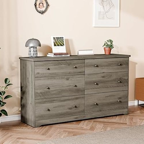 VINGLI 59" Long Dresser 6 Drawer, Grey Large Dresser for Bedroom, Rustic Gray Chest of Drawers, Farmhouse, 59" W x 15.75" D x 32" H