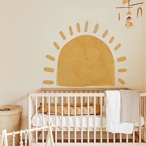 Large Fabric Watercolor Boho Half Sun Wall Decals Peel and Stick, Pastel Sunrise Wall Murals Stickers, Sunshine Wall Arch Art Decor for Kids Room Playroom Nursery Bedroom, 45.28" x 35.43"