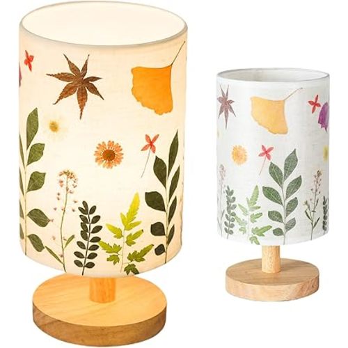 Pressed Flowers Table Lamp 5W LED 3Color Temperatures Dried Flower Bedside Lamp Linen Shade with Wood Base for Bedroom Living Room Desk Office
