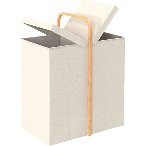ClosetMaid Laundry Hamper Basket, Foldable with Lid, Two Compartments, Bamboo Handle, Portable, Collapsible Design, Freestanding, Beige