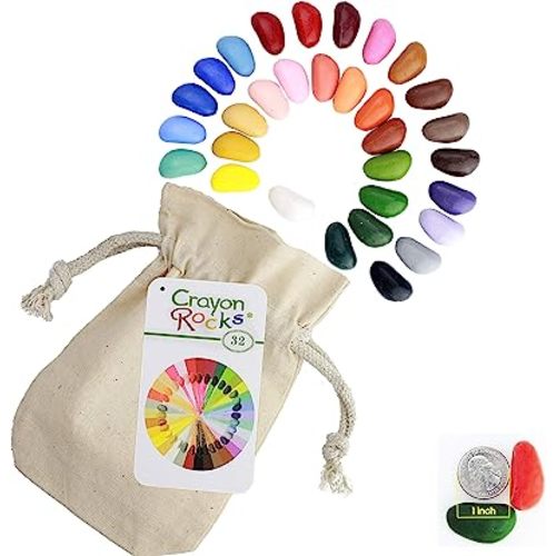 Crayon Rocks, Crayons in a Rock Shape, 32 Count, Tripod Grip Made for Handwriting Development in Kids and Toddlers, Fun & Educational, Creative Activity, Comes in a Muslin Bag - 32 Colors