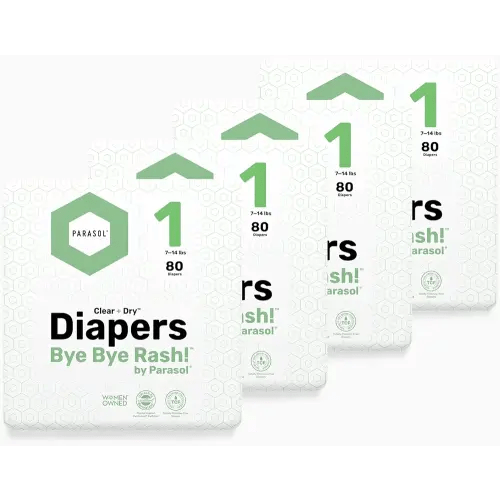 Parasol Clear+Dry Disposable Diapers, RashShield Protection and Leak-Control Fit, Hypoallergenic Diapers, Size 1 (7-14 lbs), 320 Count