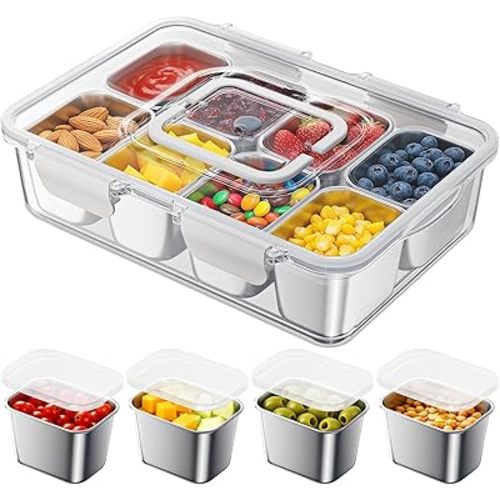 Snackle Box Container with 8 Removable Stainless Steel Compartments Divided Snack Tray with Portable Handle for Beach, Road Trip, Picnic, Boat Days, Ball Games, Pool and Parties