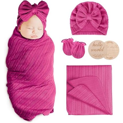 AQOKKA Newborn Receiving Blanket Wheat Ear Bow Hat Mitten Set