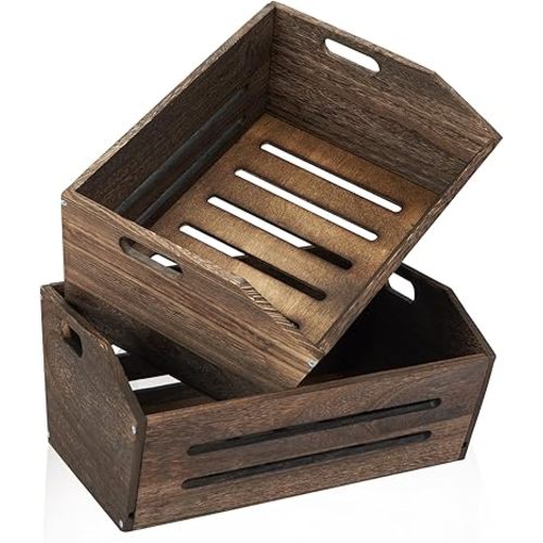 Rustic Wooden Crate, 2 Pack, Brown, Large, 16.5x12.7x9 Inches, Holds Up to 45 Pounds, Decorative Farmhouse Wooden Crate Basket for Storage and Display
