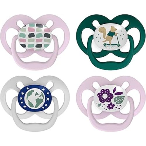 Dr. Brown's Advantage Glow-in-the-Dark Baby Pacifier, Fully Symmetrical Soother with Soft Silicone Bulb, Scooter Squirrel-Purple Nature, 6-18m, BPA Free, 4 Pack