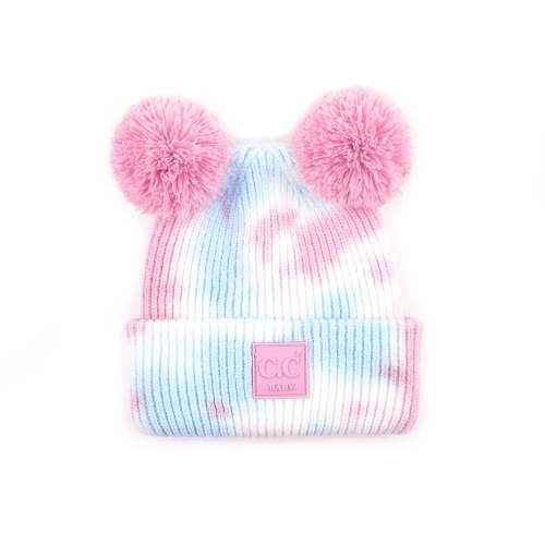 C.C Kids' Babies' Soft Stretch Cable Knit Faux Fur Pom Pom Beanie Hat, Tie Dye Baby Pink/Baby Blue