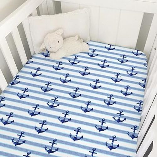 Navy Nautical Life Baby Crib Sheets 52''x28'' Watercolor Anchors Stripes Snug Fitted Crib Mattress Sheet for Boy Girl Marine Ocean Soft Nursery Bed Sheets for Standard Crib and Toddler Mattresses