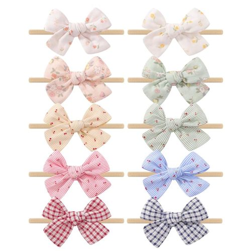 10PCS Baby Girls Headbands Hair Bows Nylon Cotton Linen Hairbands