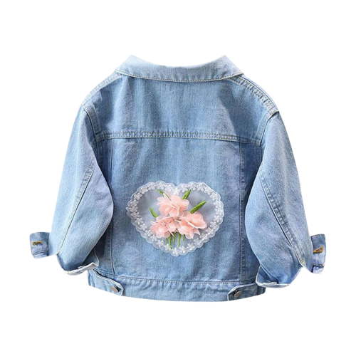 Generic Kids Denim Jacket Birthday Jean Jacket Girls Lace Patches Heart Embroidered Button Collared Coat Baby Girl Classic Activewear