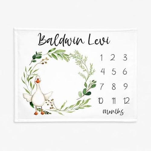 L&NG Personalized Goose Milestone Baby Blanket, Custom Name Farm Animal Monthly Milestone Blanket 1 to 12 Months, Boho Greenery Baby Photo Backdrop, Rustic Neutral Nursery Decor, Idea