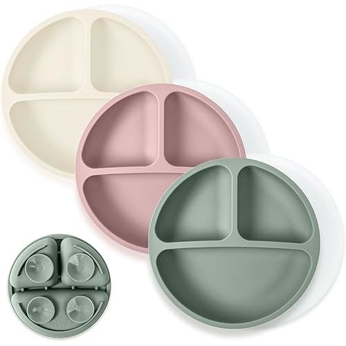 WeeSprout Suction Plates with Lids for Babies & Toddlers - 100% Silicone, Dinnerware Stays Put, Divided Design for Picky Eaters, Microwave & Dishwasher Friendly, 3 Pack