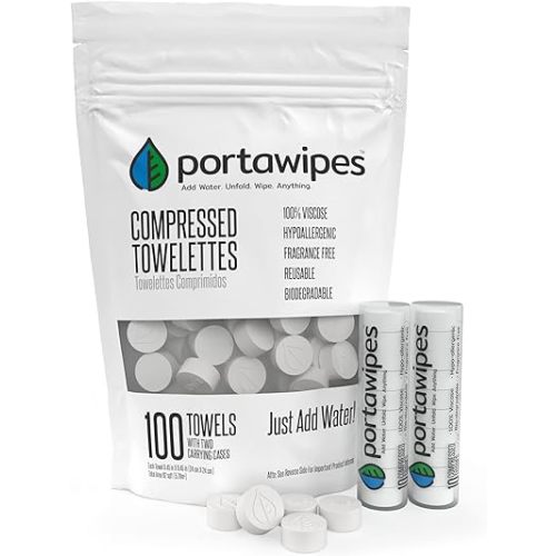 Portawipes Coin Tissues | 100 Pack with 2 Carrying Cases | Toilet Paper Tablets | Compressed Towels | Expandable Wipes | Soft & Odor Free