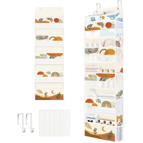 Clastyle Boho Over The Door Organizer Leaf Nursery Hanging Storage Organizer for Women Girls Clothes Diaper Toy Closet Door Hanging Shelf Storage for Bedroom Bathroom Pantry, Desert, 5-Tier