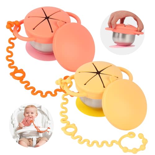 Daximo 2 Pack Toddler Snack Cups — 5-in-1 Snack Cups for Toddlers Spill Proof with Suction Cup and Anti-Loss Rope, Detachable Stainless Steel Cups with Silicone Lids & Handles (Orange and Yellow)