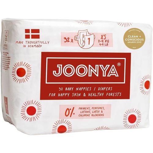 Joonya Baby Diapers, Size 1 XS (4-9 lb) - 1 Bag of 32 - New Range - NonToxic, Eco-Friendly, Ultra Slim, Overnight Use - Made in Denmark