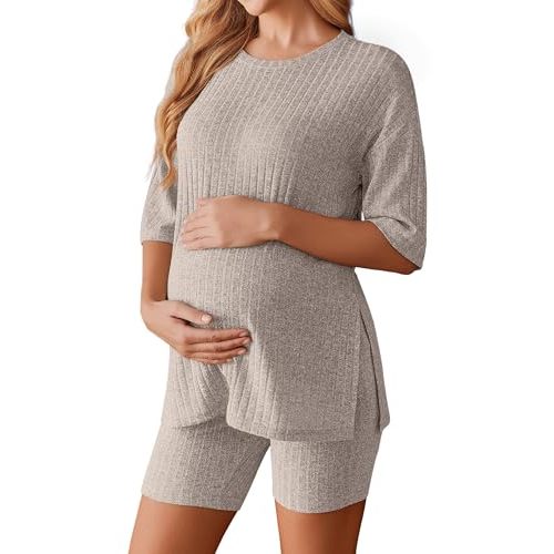 Ekouaer Maternity Sets Two Piece Outfits Ribbed Pregnancy Loungewear | Maternity Lounge Set, Split Side Maternity Shirts and Adjustable Biker Shorts for Pregnancy and Postpartum