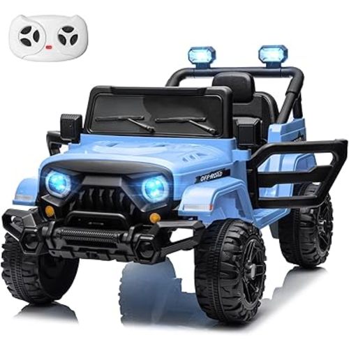 24V Kids Electric Ride on Truck Car with Remote Control, Twin 55W Motors 4MPH Max Speed, Bluetooth Music Player, 4 Wheels Suspension LED Lights Safety Belt, Gift for Boys Girls-Blue