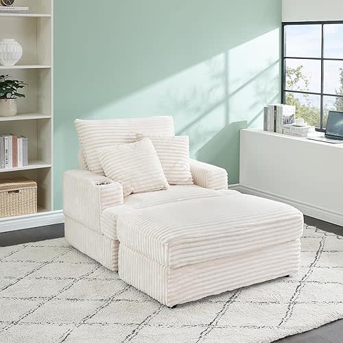 Chaise Lounge Chair Indoor, 39" W Plush Corduroy Oversized Chair with Ottoman, Upholstered Cozy Chaise with Cup Holder, Modern Deep Seat Comfy Sofa Armchair for Living Room, Bedroom(White)
